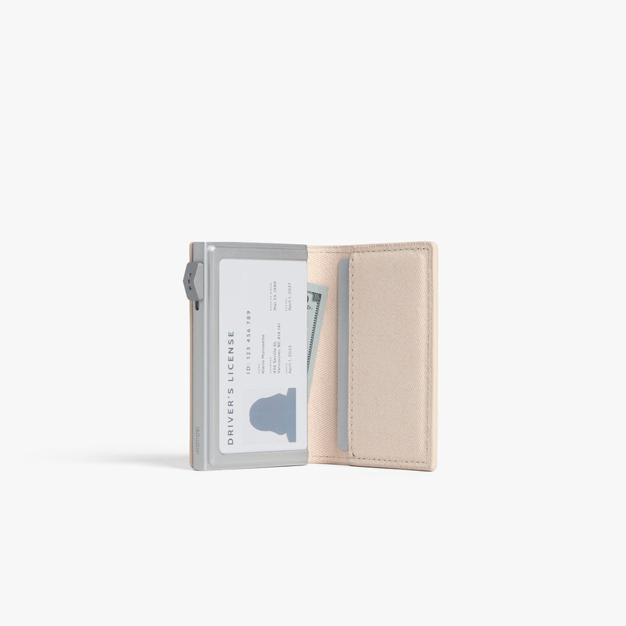 Ivory / Brushed Silver | Open view of Slim Wallet Pro in Ivory / Brushed Silver