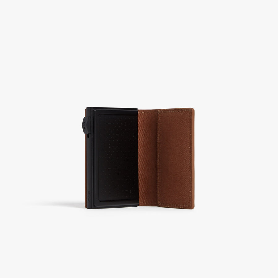 Mahogany / Black | Open view of Slim Wallet Pro with cards in Mahogany / Black
